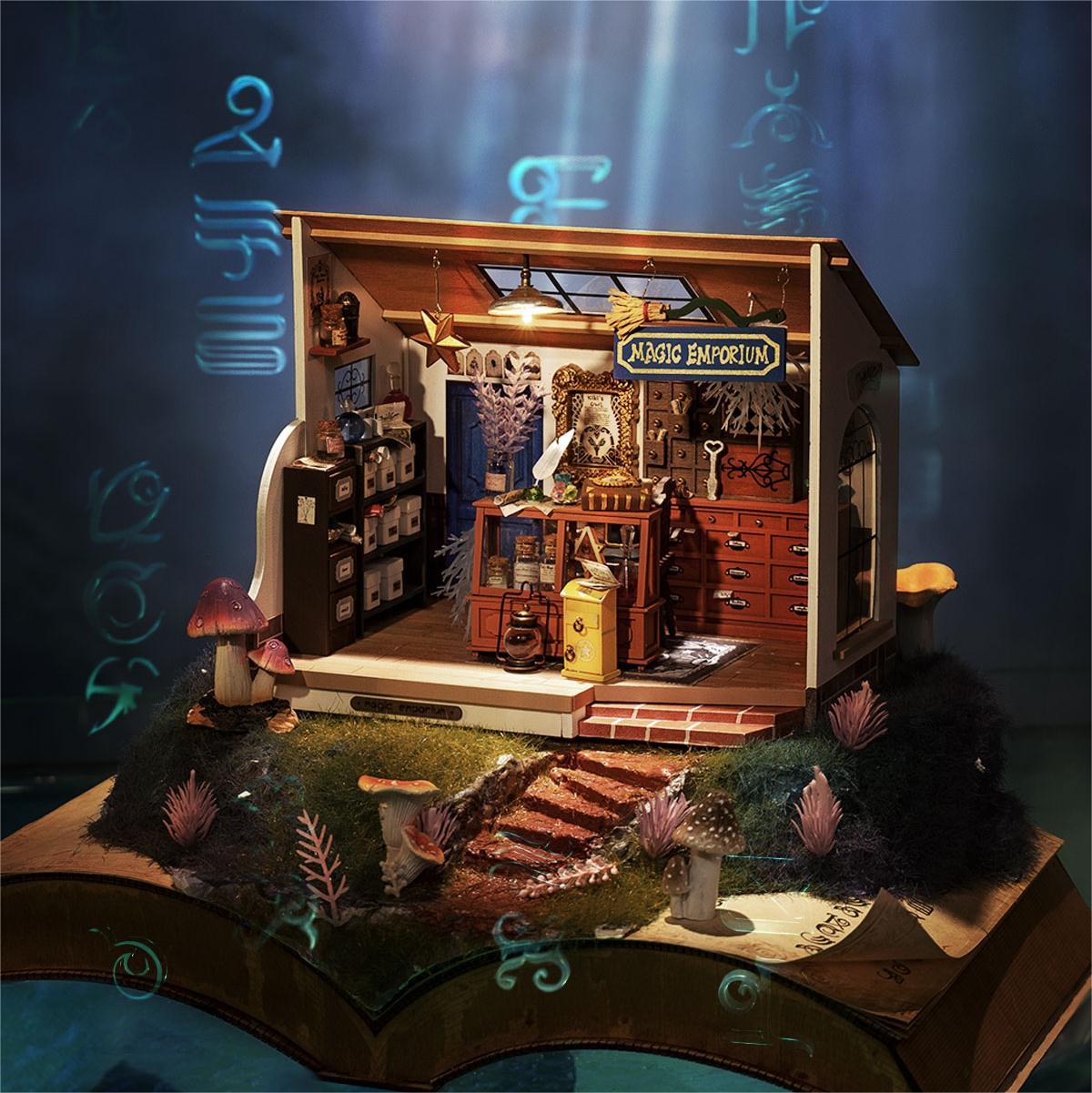 Kiki's Magic Emporium miniature house glowing in a mystical night forest scene
